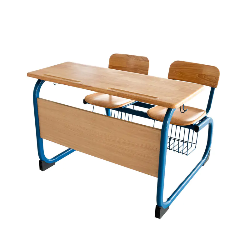 Steel Frames Double Connected Desk and Chair with Bookrack